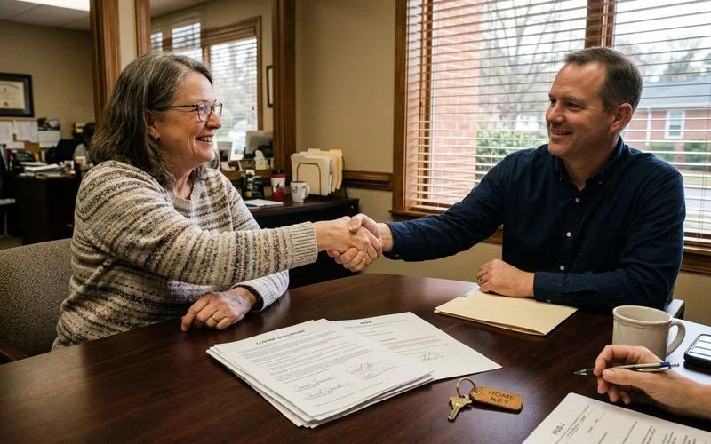 Closing day handshake between cash buyer and seller at a North Carolina title office