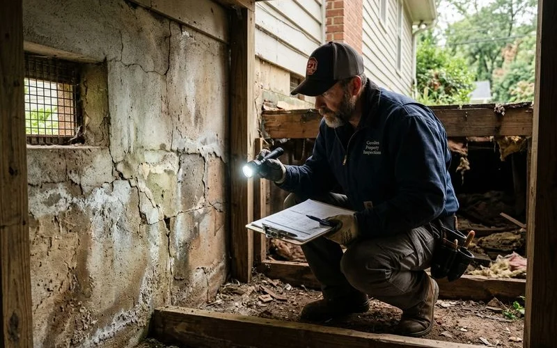 Home inspector examining the foundation of an as-is property in North Carolina