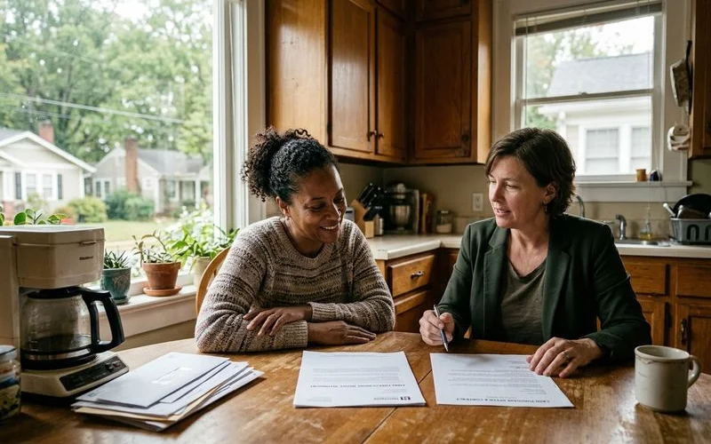 Homeowner meeting with a cash buyer to discuss foreclosure alternatives in Durham