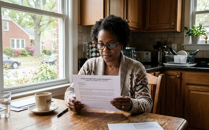 Homeowner reviewing cash offer documents at their kitchen table in Durham NC