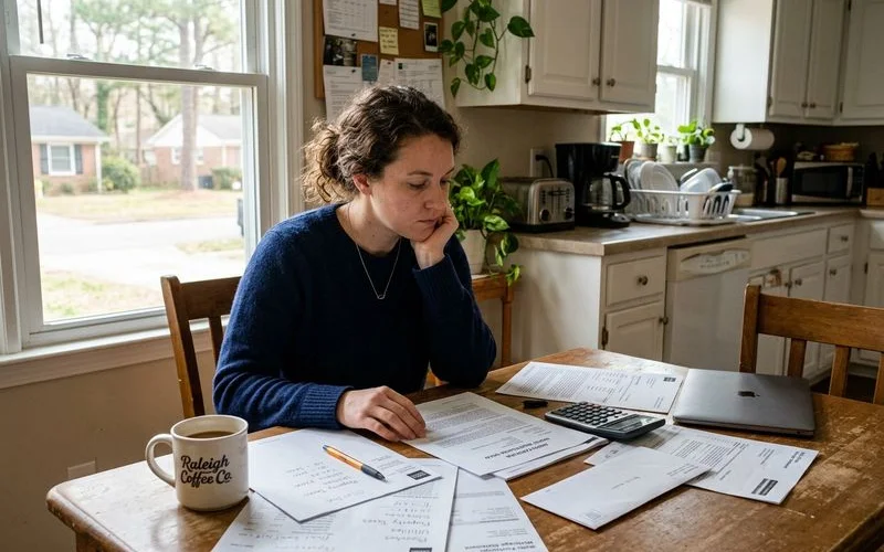 NC homeowner weighing financial options at a kitchen table with mortgage documents