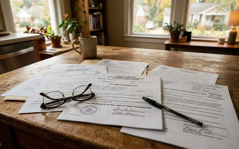 NC probate court documents and estate paperwork for an inherited property sale