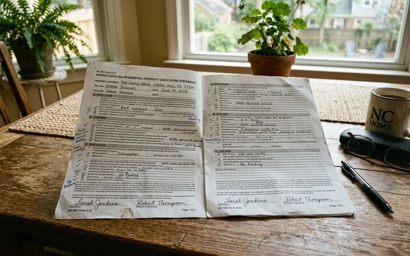 NC Residential Property Disclosure Statement form on a desk