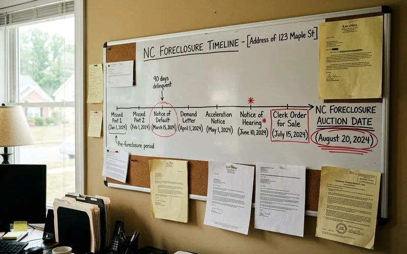 North Carolina foreclosure timeline chart from first missed payment to auction