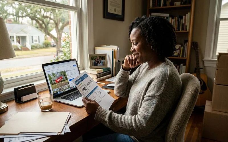 Person rebuilding their credit after avoiding foreclosure by selling their home for cash
