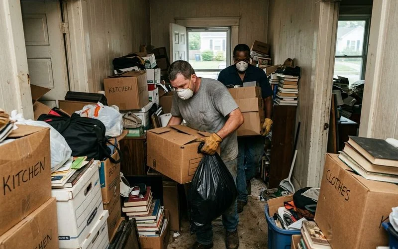 Professional cleanout crew working inside a cluttered Durham NC home