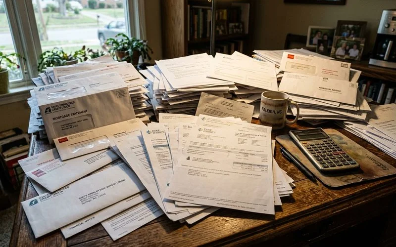 Stack of mortgage statements and bills on a desk in a Wake County home