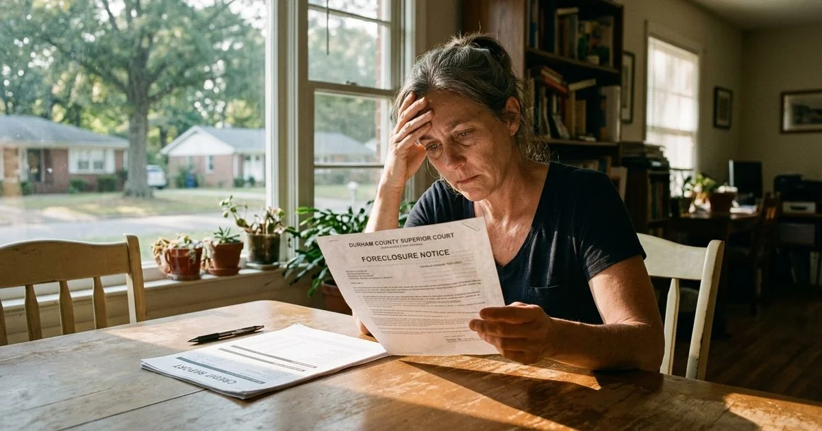 Credit report with a declining score graph representing the impact of foreclosure on credit in North Carolina