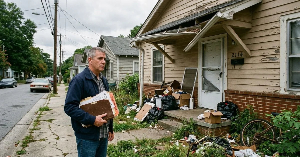 Frustrated landlord reviewing documents for a rental property with difficult tenants in North Carolina