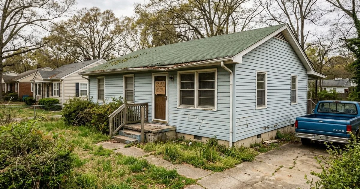 North Carolina home with an as-is sale sign in the front yard explaining what selling as-is means legally