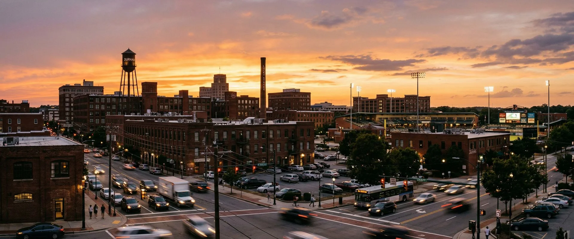 Downtown Durham, North Carolina skyline at sunset