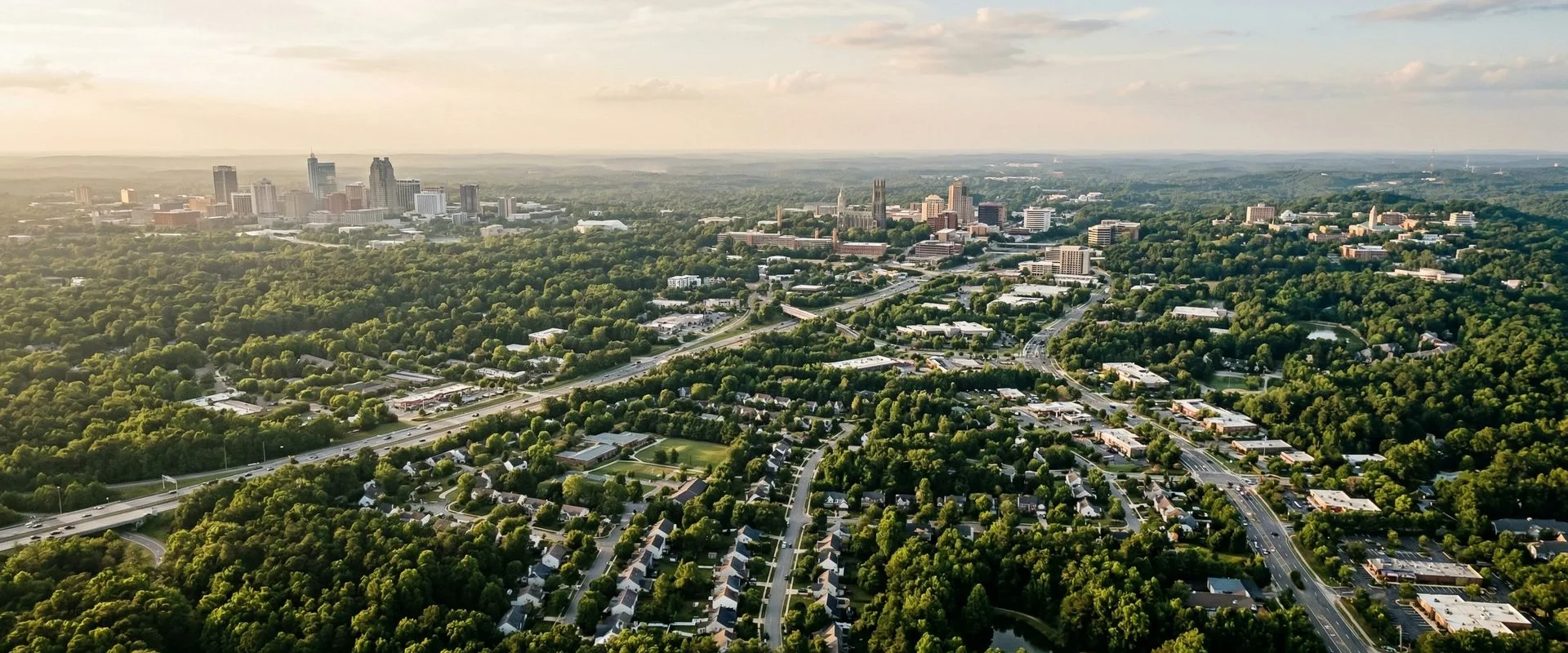 Aerial view of the North Carolina Research Triangle region served by NC Cash Home Buyers