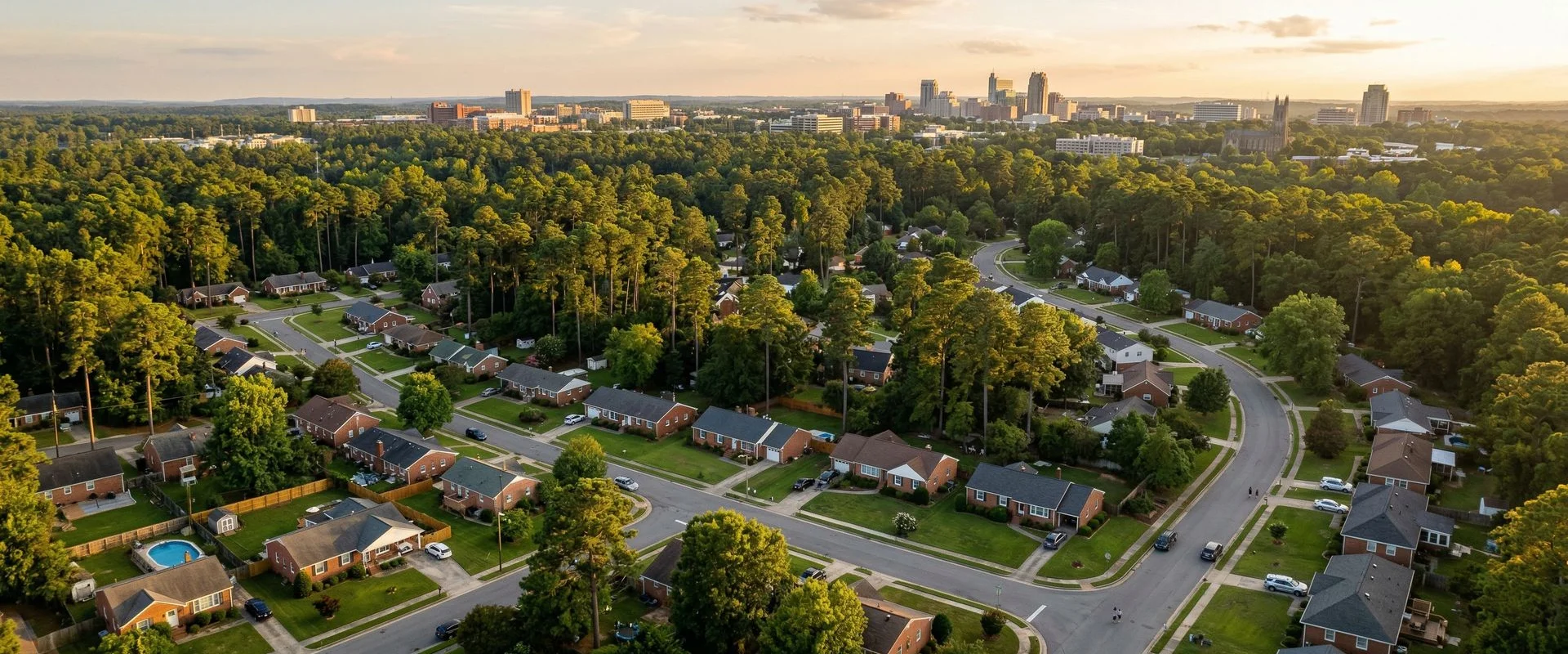Aerial view of Research Triangle neighborhood homes in North Carolina