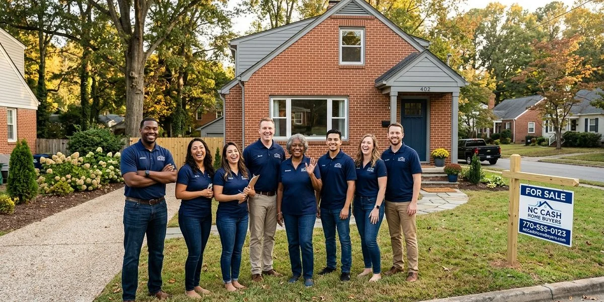 The complete NC Cash Home Buyers team standing in front of a beautifully renovated home in Durham, North Carolina