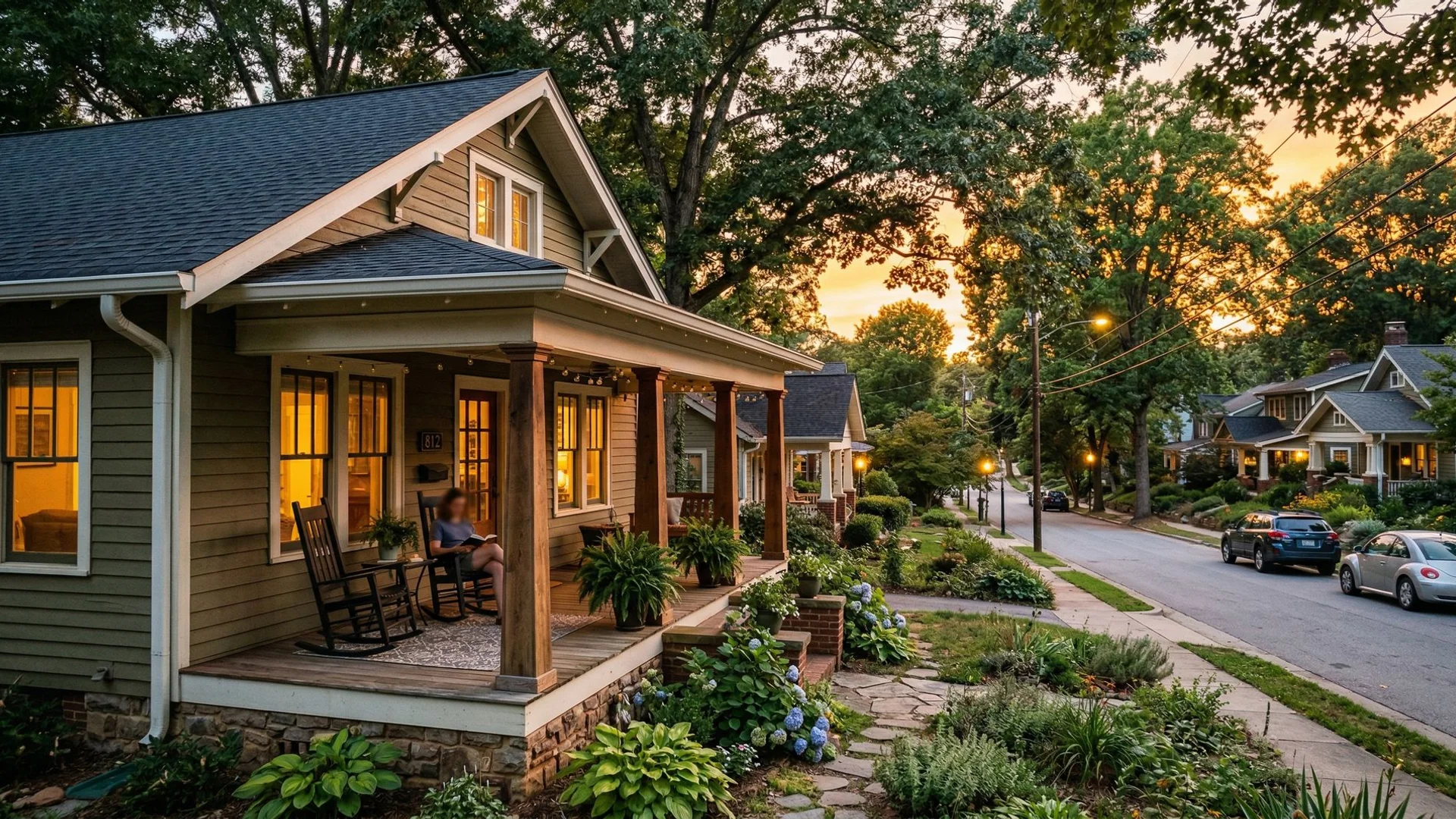 Durham North Carolina craftsman home neighborhood with warm evening light