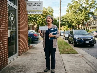 Happy homeowner on closing day after accepting cash offer