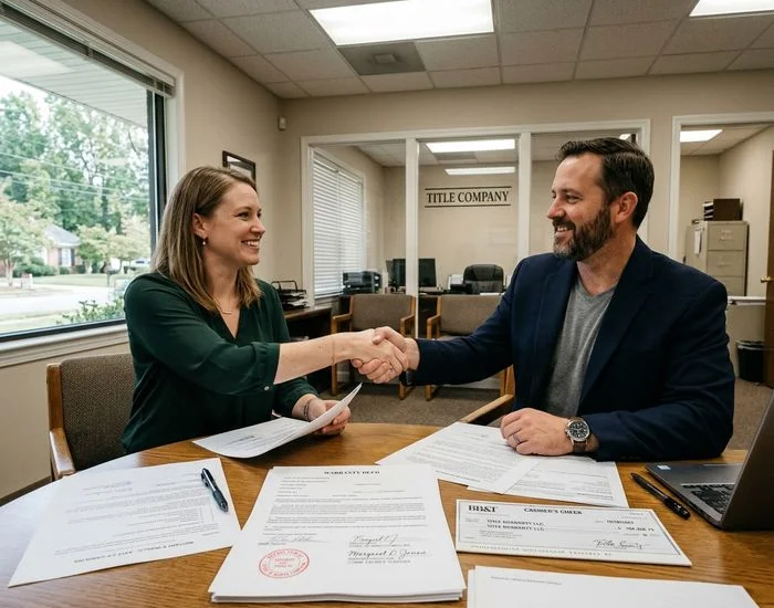 Happy homeowner shaking hands with Jay at the closing table after selling their house for cash